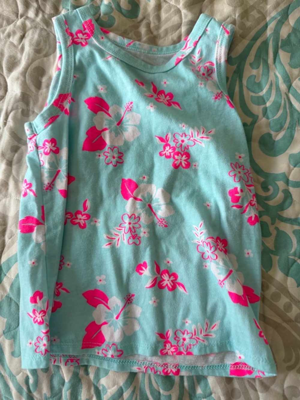 Girls' Aqua Floral Tank Top - Pink & White Hibiscus